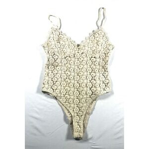 HM Crochet Lace Bodysuit Cream Beige Floral V-Neck Sleeveless Small